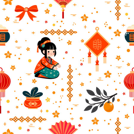 Vector seamless pattern Holiday Happy New Year. Chinese lantern Pot with national food Fan Houseplant Girl child in Asian clothes Branch with tangerine. Traditional asian symbol. Oriental Cultureのイラスト素材