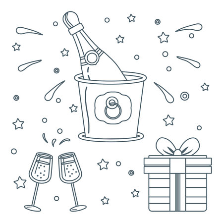 Merry Christmas Happy new year 2025 vector illustration Champagne in bucket, glasses, gift isolated on white background. Winter holidays. Traditional drink at Christmas time. Alcoholic beverages Partyのイラスト素材
