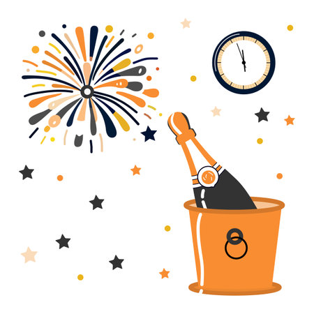 Merry Christmas Happy new year vector illustration Champagne in bucket, clock, firework isolated on white background. Winter holidays. Traditional drink at Christmas time. Alcoholic beverages Partyのイラスト素材
