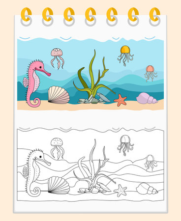 Coloring book Vector Illustration Seaweed Seahorse Shells Starfish Jellyfish Algae Underwater world of ocean, sea bottom. Seabed animals. Undersea creature. Water life. Marine habitat. Drawing Artのイラスト素材