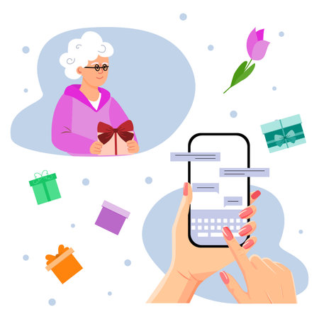 Vector illustration Congratulates grandma on cell phone. Delivering gift box to elderly woman. Old lady received surprise. Gifts remotely. Mother's day Birthday Relationships Holiday Retired peopleのイラスト素材