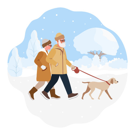 Vector illustration Retirement leisure. Elderly couple walking in park with pet. Dog on leash. Old person outdoors activity. Retired people pastime and healthy lifestyle concept. Nature Fit Winterのイラスト素材