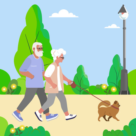 Vector illustration Retirement leisure. Elderly couple walking in park with pet. Dog on leash. Old person outdoors activity. Retired people pastime and healthy lifestyle concept. Nature Fit Summerのイラスト素材