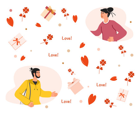 Vector illustration Congratulates Valentine's day girl, young man. Exchanging gifts remotely. Surprise. Long-distance romantic relationships Mobile service People Communication Loveのイラスト素材
