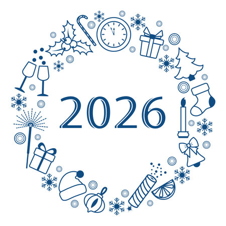 New Year 2026 wreath with holiday icons in circular design background vectorのイラスト素材