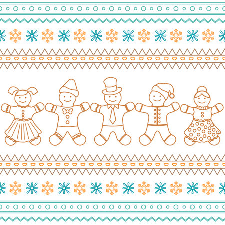 Gingerbread people holding hands in a festive Christmas pattern background vectorのイラスト素材