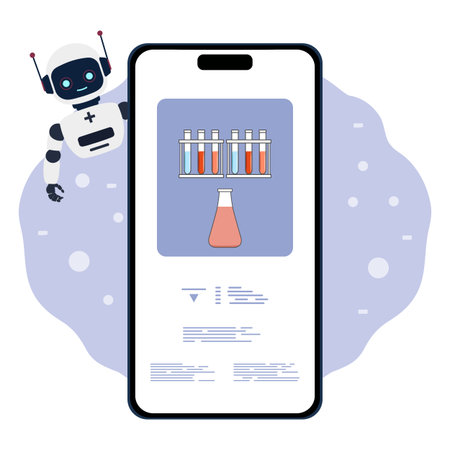 Robot learning chemistry on smartphone app with test tubes and flask, educational technology concept vectorのイラスト素材