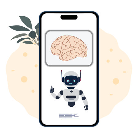 Robot on smartphone screen with brain image and abstract background for technology concept vectorのイラスト素材