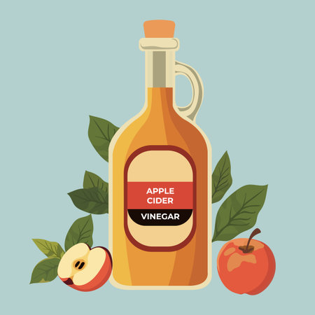 Apple cider vinegar bottle with apples and leaves, suitable for background or food-related concepts vectorのイラスト素材