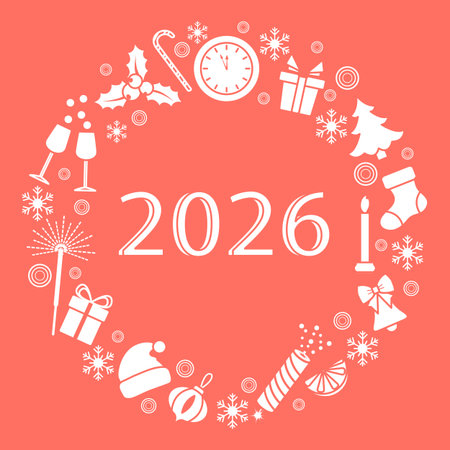 New Year 2026 greeting with festive icons forming circular design on red background vectorのイラスト素材