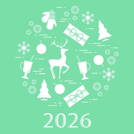 Christmas card with white icons and 2026 text on green background vectorのイラスト素材
