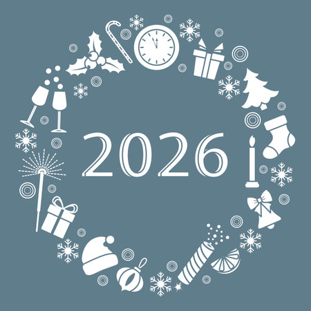New Years 2026 festive wreath with holiday icons on a blue background vectorのイラスト素材