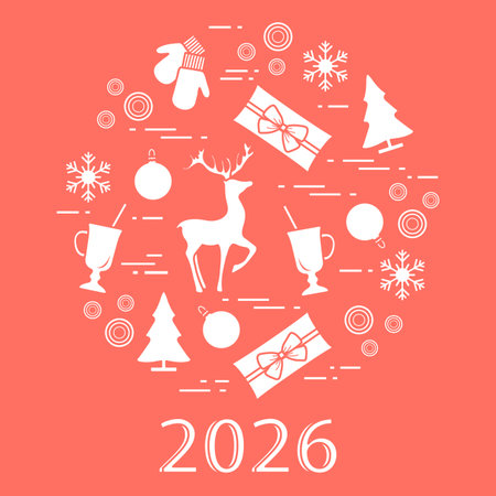 Christmas illustration with festive icons, gifts, tree, snowflakes, and year 2026 text vectorのイラスト素材