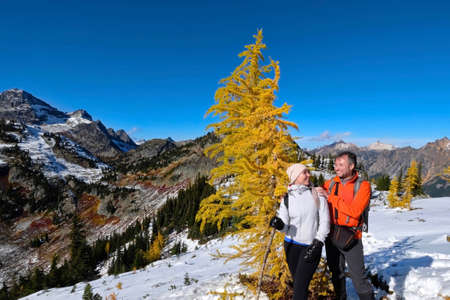 Happy young family on vacation travelling in Mount Rainier National Park. Cascade Mountains. Seattle. Washington. United States.の写真素材
