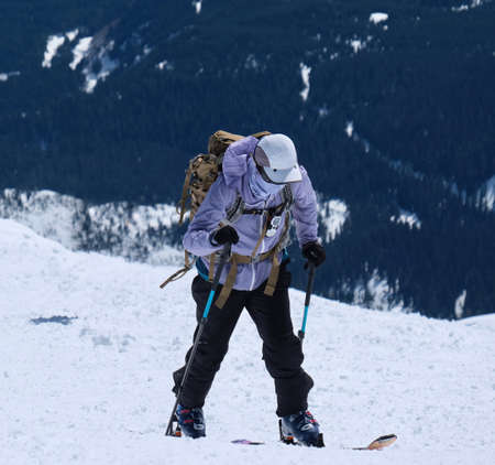 Backcountry skiing on Mount Saint Helens National Volcanic Monument. Skier going up the mountain....