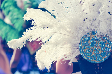Back view of carnaval queen at carnival parade with white feathers. closeup photo