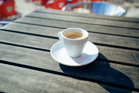 Closeup on coffee mug on wooden table background. Copy space