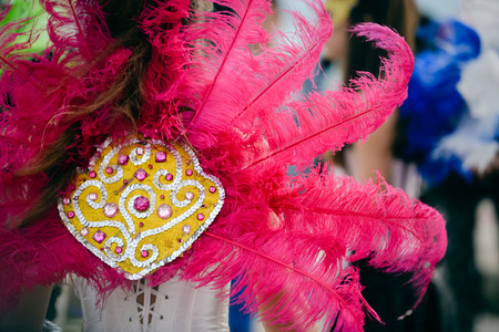 Back view of carnaval parade participants with colorful feathers. closeup photo