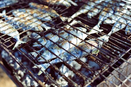 Mackerel roast on grill barbecue, flat lay, top view closeupの写真素材