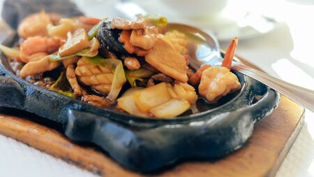 Asian food on light table background, closeup top side viewの写真素材