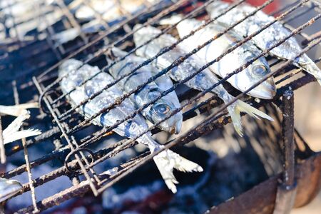 Closeup on fish in a grill, top viewの写真素材