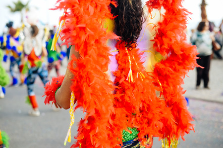 Close up on unrecognizable joyful dancing woman wearing carnival feathers costume on street outdoors...