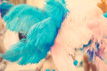 Close up on unrecognizable joyful dancing woman wearing carnival feathers costume on street outdoors...
