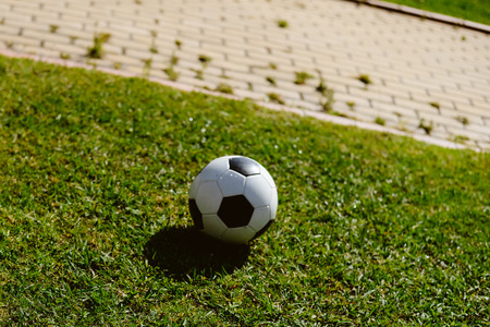 Parents with children playing soccer on green grass nature outdoors background. Childcare, school or weekend activityの写真素材