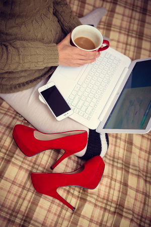 Casual working from home, shopping, relaxing, chatting lifestyleの写真素材