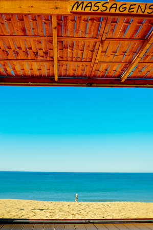 View of beautiful beach on sunny day idyllic natural outdoors background. Joy and peace seascape sunshine environmentの写真素材