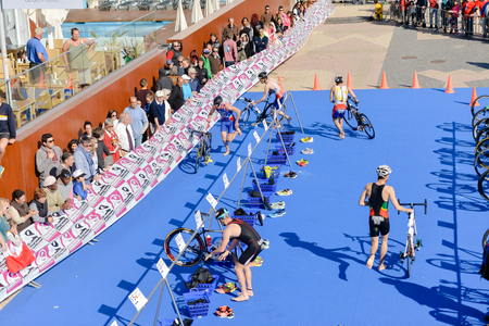 Portugal, Europe - APRIL 2 - 3, 2016: Algarve Quarteira ETU Triathlon European Cup, sunny outdoor backgroundのeditorial素材