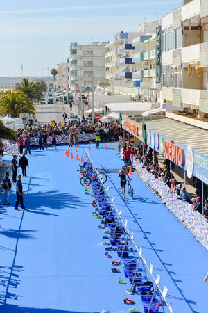 Portugal, Europe - APRIL 2 - 3, 2016: Algarve Quarteira ETU Triathlon European Cup, sunny outdoor backgroundのeditorial素材