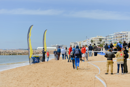 Portugal, Europe - APRIL 2 - 3, 2016: Algarve Quarteira ETU Triathlon European Cup, sunny outdoor backgroundのeditorial素材