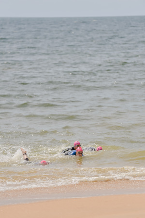 Portugal, Europe - APRIL 2 - 3, 2016: Algarve Quarteira ETU Triathlon European Cup, sunny outdoor backgroundのeditorial素材