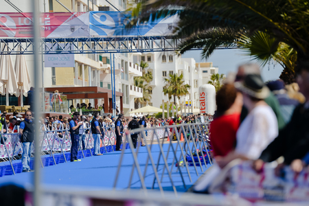 Portugal, Europe - APRIL 2 - 3, 2016: Algarve Quarteira ETU Triathlon European Cup, sunny outdoor backgroundのeditorial素材