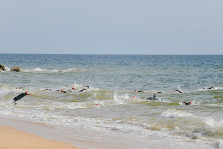 Portugal, Europe - APRIL 2 - 3, 2016: Algarve Quarteira ETU Triathlon European Cup, sunny outdoor backgroundのeditorial素材