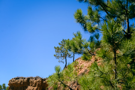 Peaceful coastal sunshine beach with hillside over ocean view natural background. Sunny dream holiday destinationの写真素材