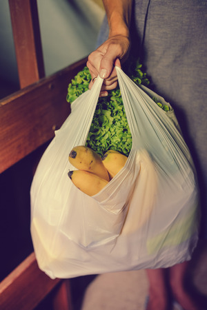 Close up on person holding bag from vegetables food market, abstract shopping background. Buyer...