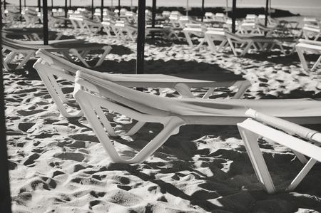 Clear sky fresh golden sands paradise beach tranquil sunny relax scene background. Seasonal landscape inviting tourism leisure lifestyle, seascape nature scenery viewの写真素材