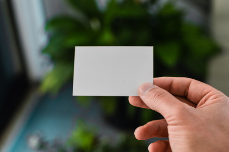Close up on hand of a person holding showing white business card over blurry office backgroundの写真素材