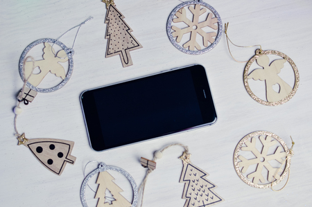 Mobile Phone in Xmas Decoration, Mockup Top View Display Background. Communication Technology Lifestyleの写真素材