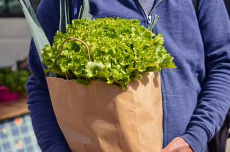Close up on person buyer hold groceries in bags. Buy sell vegetables. Healthy wellbeing lifestyle backgroundの写真素材