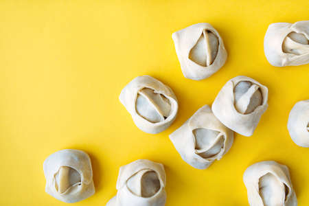 Raw frozen traditional tartarian manti on yellow background, oriental cuisineの写真素材