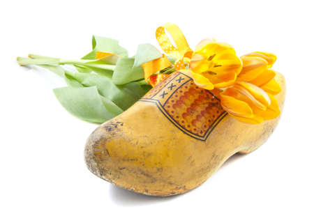 Dutch wooden shoe with dutch orange tulips over white
