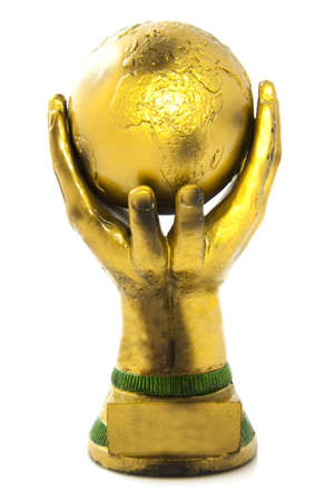 Golden globe in hands isolated over whiteの写真素材