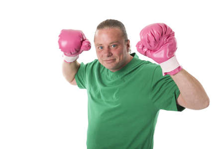 Boxer with pink gloves on a white background