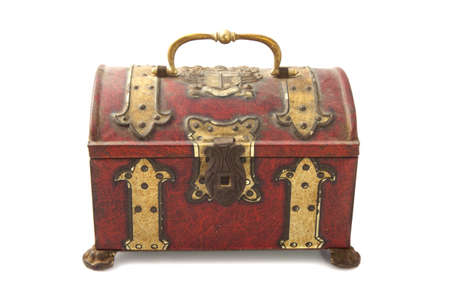 Old treasure chest closeup isolated over white