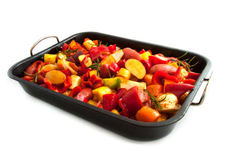 Colorful mix of vegetables in oven trayの写真素材