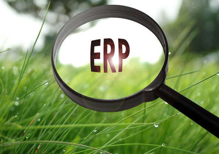 Magnifying glass with the word ERP (Enterprise Resource Planning) on grass background. Selective focusの写真素材