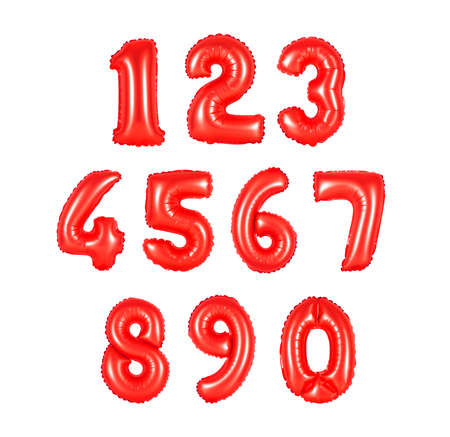 numbers of red color, balloons on a white background. discounts and sales, holidays and educationの写真素材